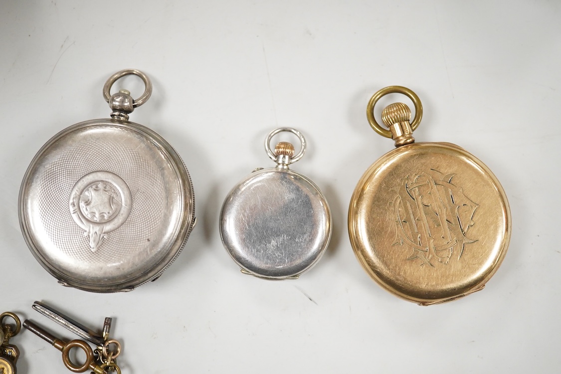 Two carriage clocks including a Jaeger LeCoultre(a.f), a 935 white metal fob watch, a gold plated open faced pocket watch, a 935 white metal 'The Westfield Lever' open faced pocket watch and a small quantity of watch key